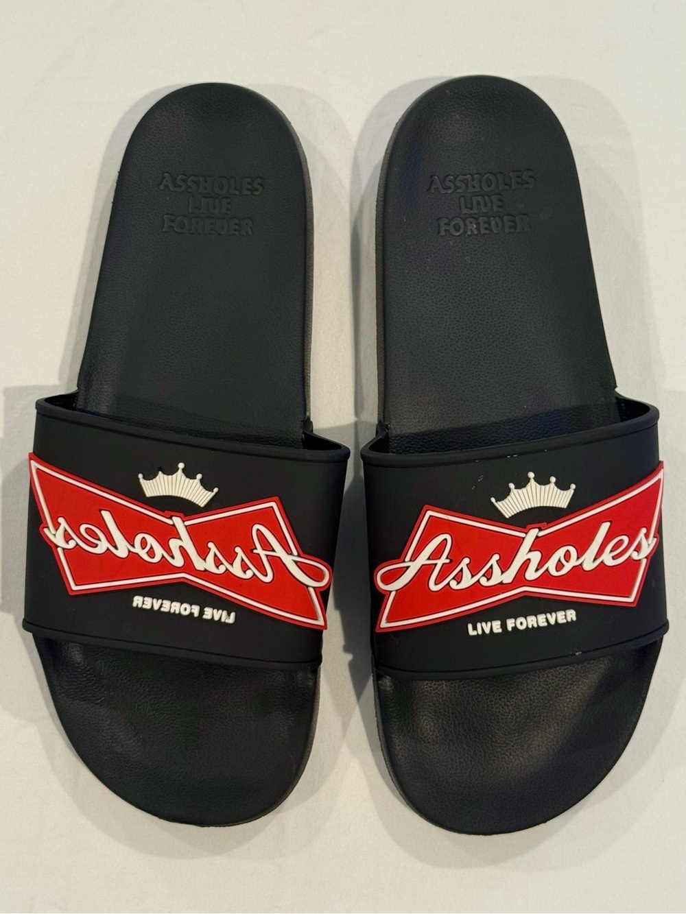 Assholes Live Forever Slides Mens 10  Sandals Super Soft Contoured Budweiser